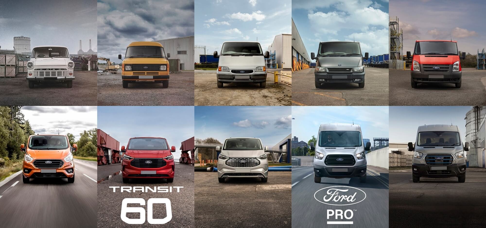 Transit 60 anos Imagem comemorativa dos 60 anos da Ford Transit com todas as gerações da van