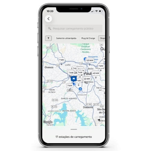 Tela do app Ford exibindo o mapa com a localização do veículo