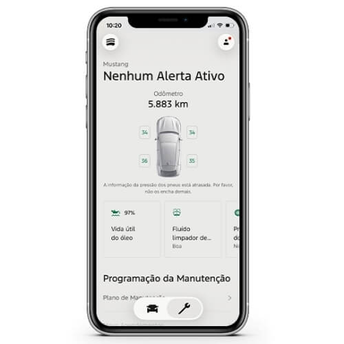 Tela do app Ford exibindo o nível de óleo e outras informações