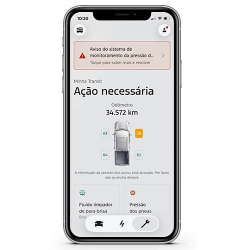 Tela do app Ford exibindo alertas sobre o veículo