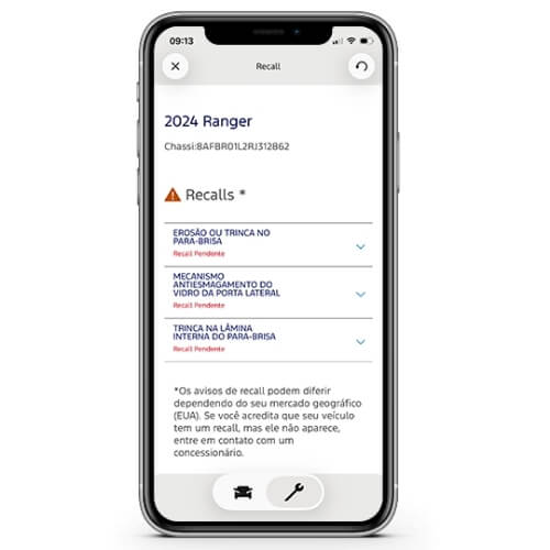Tela do app Ford exibindo informações sobre recall