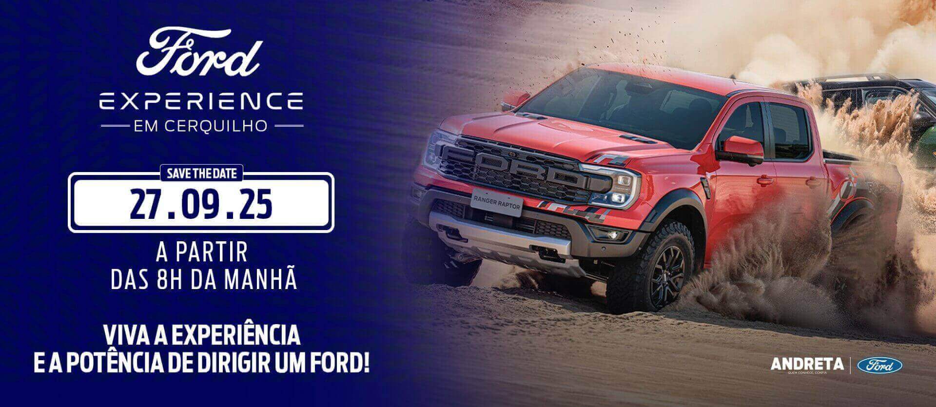 Ford Experience Cerquilho-SP Imagem com informações do evento Ford Experience e uma Ranger Raptor em movimento