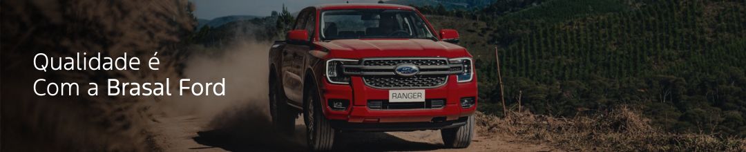 Ford Ranger XLS Vermelha em ambiente rural de fundo com um texto encima