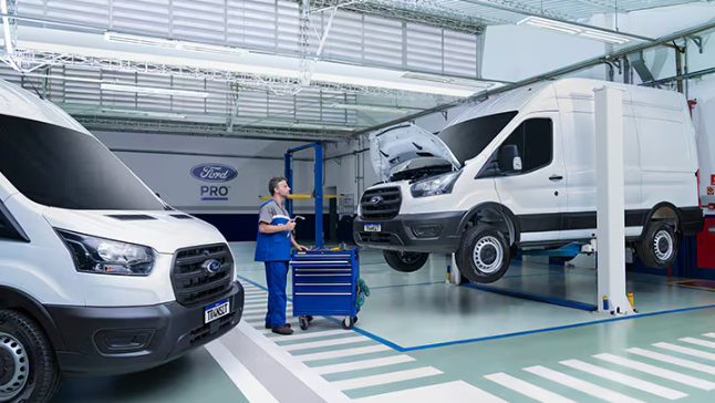 Trabajador de servicio frente a varios vehículos comerciales