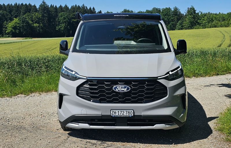 Grauer Ford Nugget parkt vor Wiese und Feld
