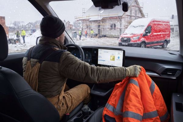 Un artisan à bord d'un Ford Transporter contemple un chantier enneigé