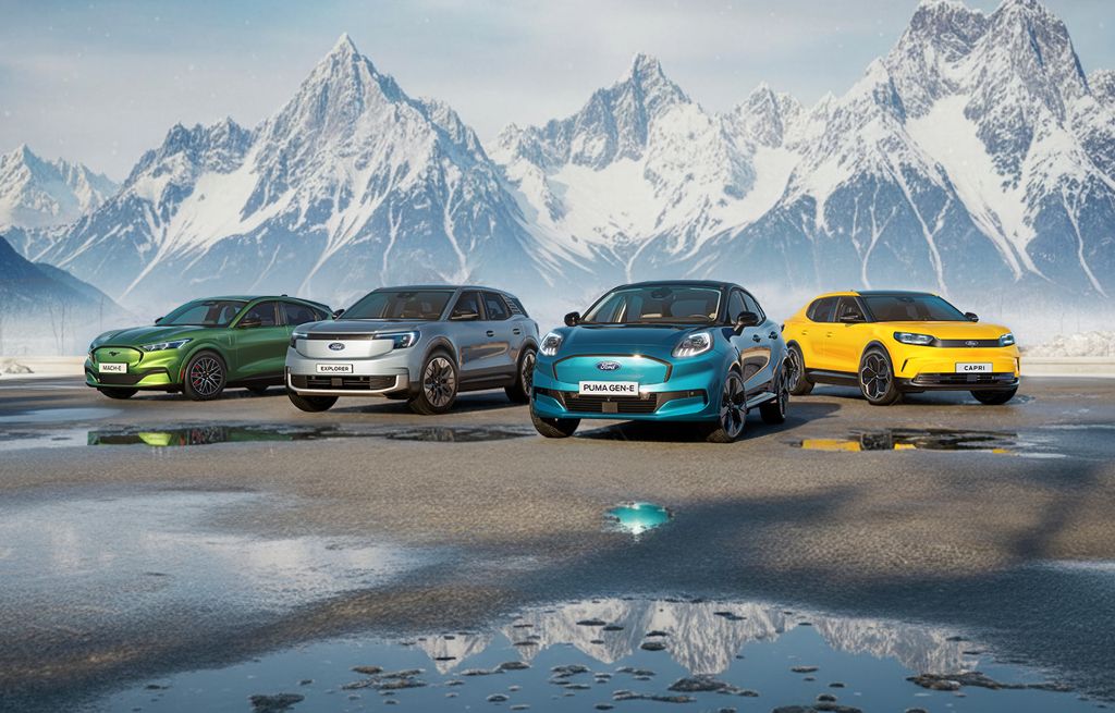 Vier bunte Ford-Modelle stehen nebeneinander auf nassem Boden vor einer verschneiten Gebirgskulisse.
