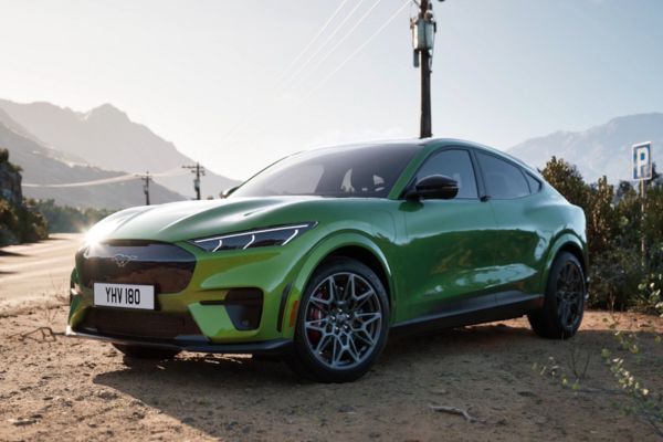 Grüner Ford Mustang Mach-E parkt auf karger Strasse