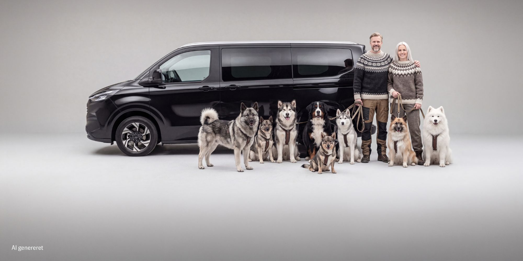 Familie med hunde foran elbil Tourneo Custom