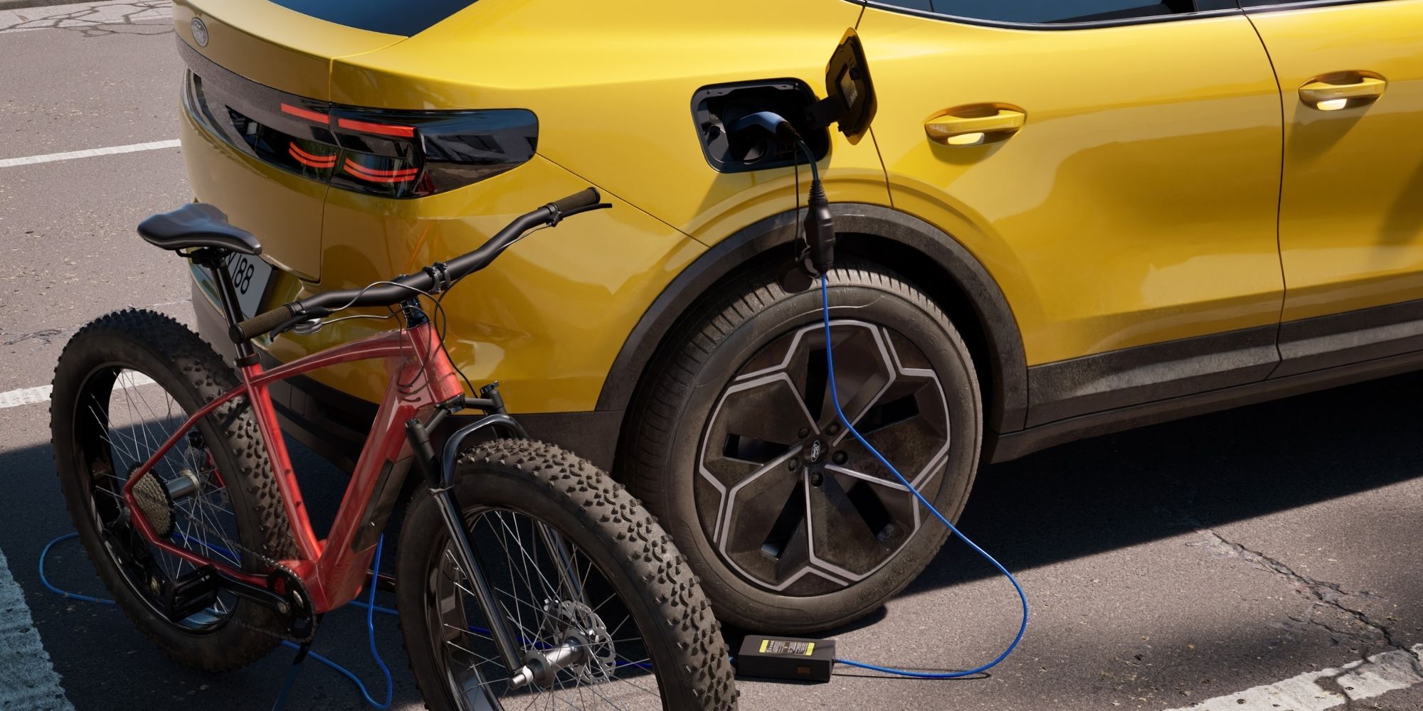 Cykel ved siden af Ford Capri der oplader Cykel ved siden af Ford Capri der oplader