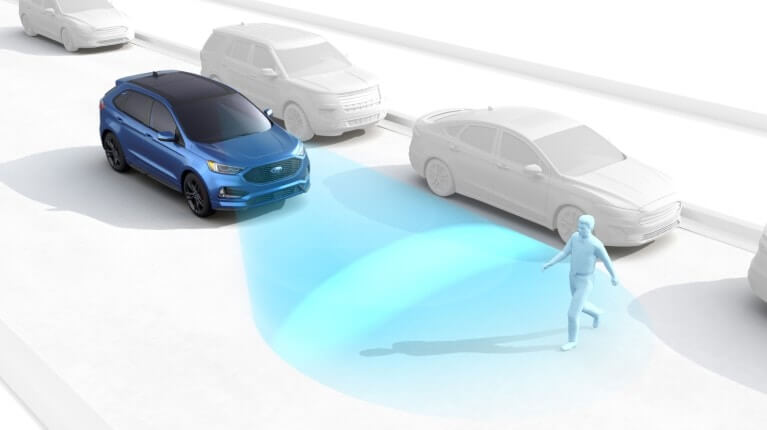 Graphique illustrant la fonction Assistance pré-collision, montrant une voiture bleue détectant un piéton via une caméra