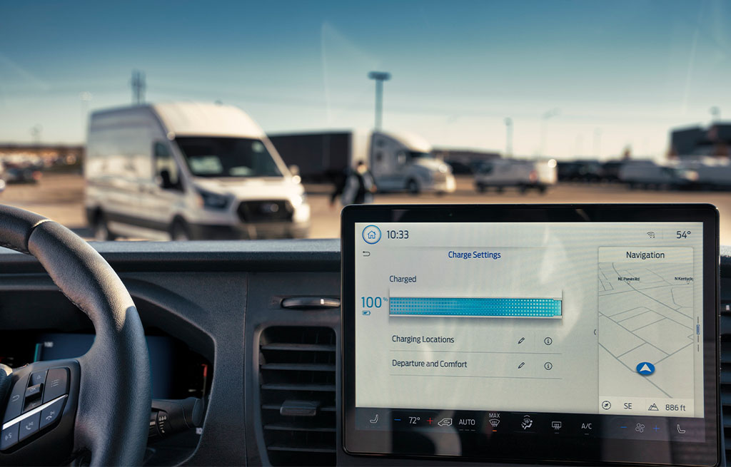 Dashboard charging interface displayed inside a Ford Transit Custom Plug-In Hybrid van