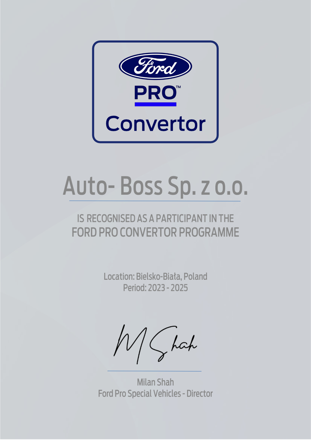 Certyfikat Ford Pro Convertor