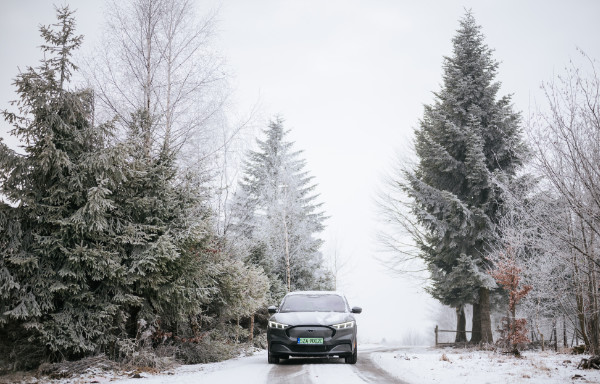 Ford Mustang Mach-E na zaśnieżonej drodze